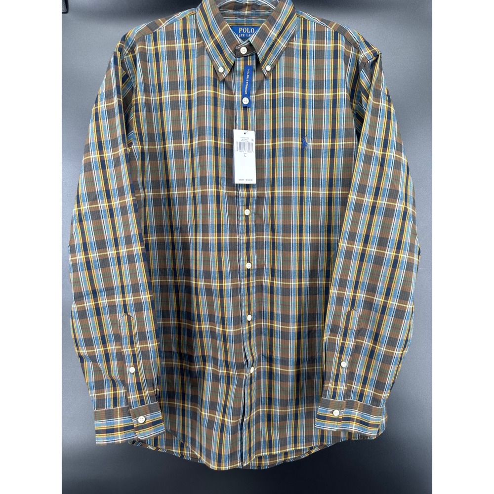 Polo Ralph Lauren Mens Performance Plaid Shirt Navy Brown Stretch Large NEW